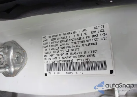 2009 Acura Rdx z USA, uszkodzony, nr VIN 5J8TB18539A008597